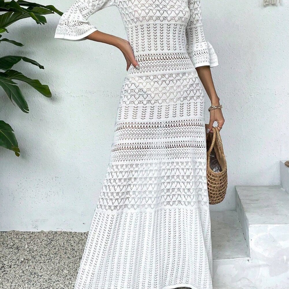 White Elegant Women's Casual V Neck Long Sleeve Knit Dress Beach Vacation - Picture 3 of 8